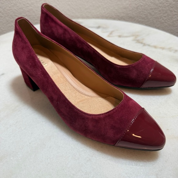 Cole Haan Shoes - NWOT‎ Cole Haan Burgundy Suede Patent Cap Toe Block Heel Pumps W30825 6.5C Wide
